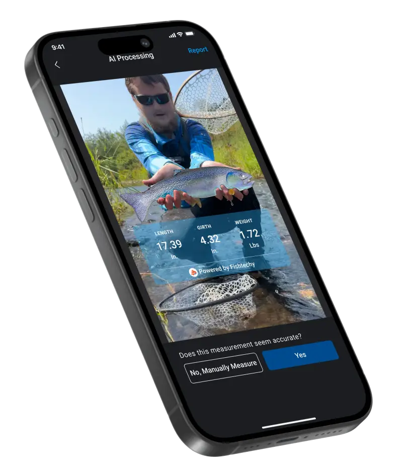 Fishtechy AI measuring a trout with Proof Ball detection